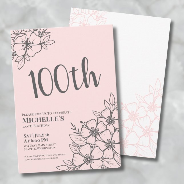 Invitation Fête d'anniversaire des 100 ans Rose Fardé (Feminine Blush Pink 100th Birthday Party Invitation)