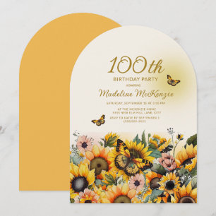 Invitation Fête d'anniversaire des 100 ans Tournesols Papillo