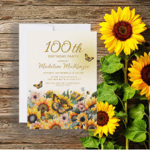Invitation Fête d'anniversaire des 100 ans Tournesols Papillo