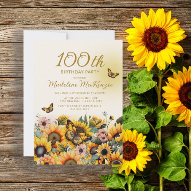 Invitation Fête d'anniversaire des 100 ans Tournesols Papillo (Créateur téléchargé)