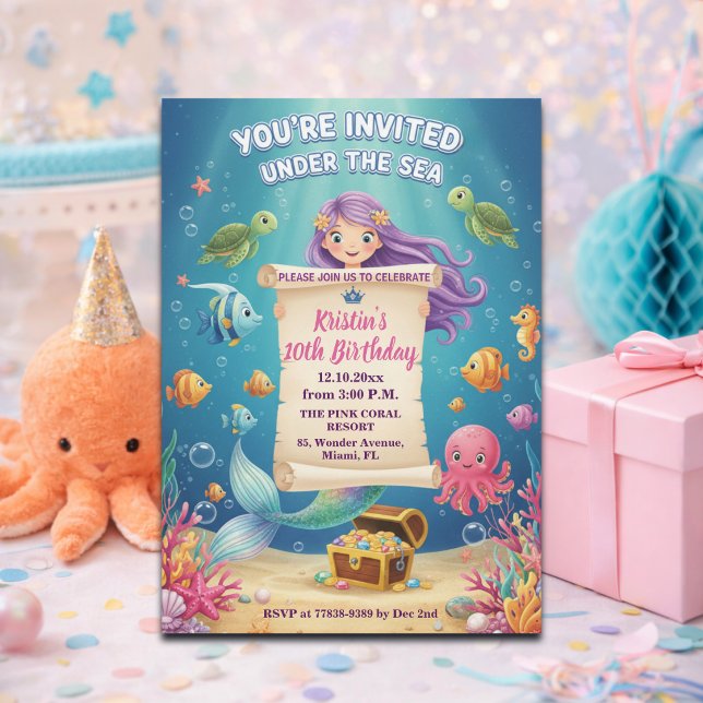 Invitation Fête d'anniversaire des 10 ans de la sirène rose s (Créateur téléchargé)