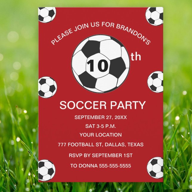 Invitation Fête d'anniversaire des 10 ans Garçons Rouge Footb (Créateur téléchargé)