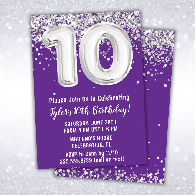 Invitation Fête d'anniversaire des 10 ans Purple Silver (Créateur téléchargé)