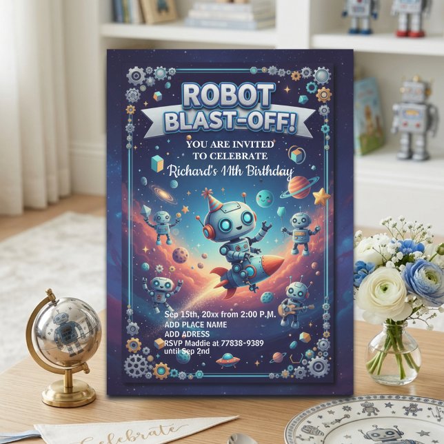 Invitation Fête d'anniversaire des 11 ans Robots dans l'espac (Créateur téléchargé)