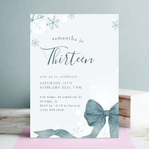 Invitation Fête d'anniversaire des 13 ans Blue Bow Winter Sno