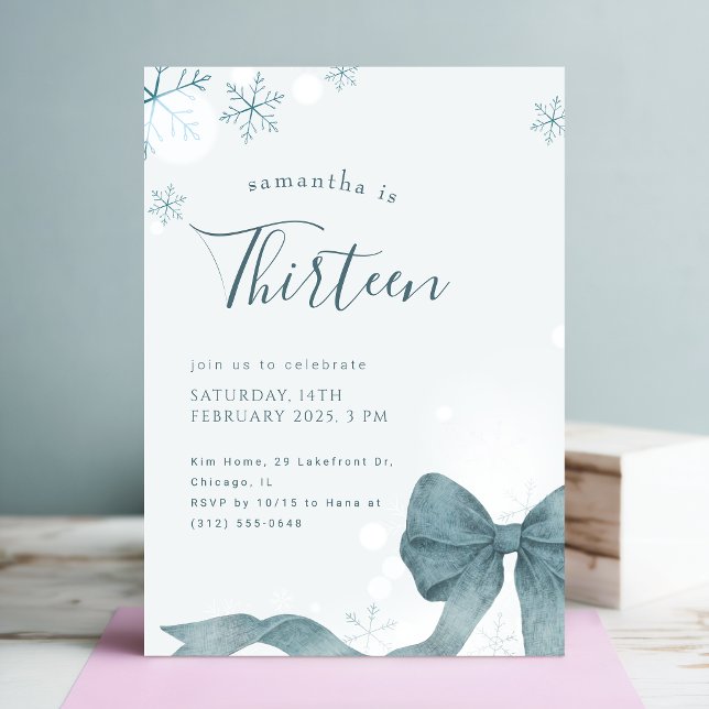 Invitation Fête d'anniversaire des 13 ans Blue Bow Winter Sno (Créateur téléchargé)