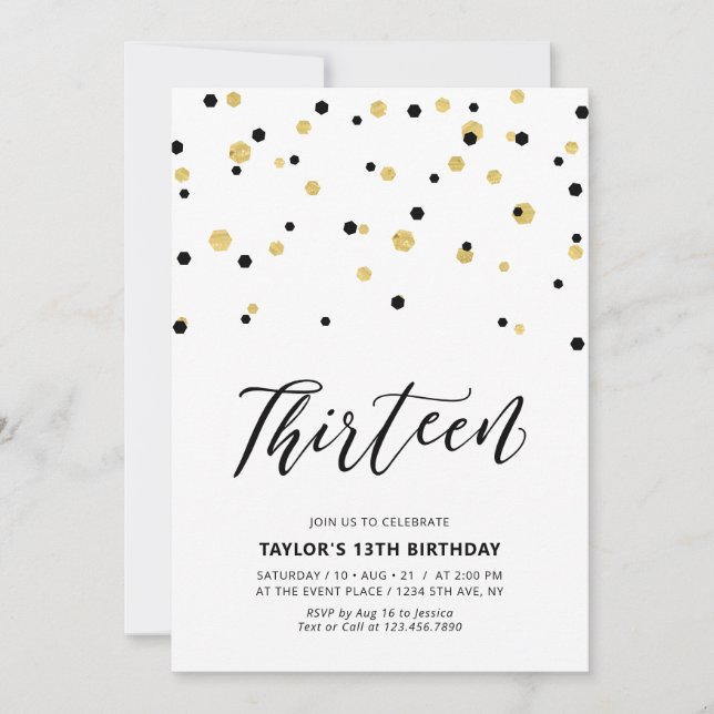 Invitation Fête d'anniversaire des 13 ans simple noir et or (Devant)
