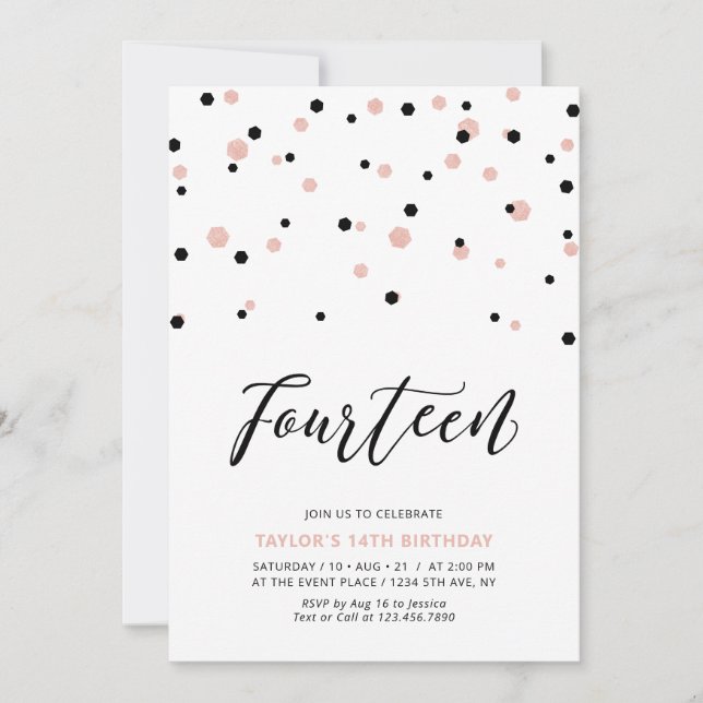 Invitation Fête d'anniversaire des 14 ans d'une fille or rose (Devant)