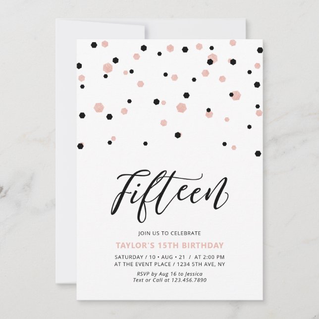 Invitation Fête d'anniversaire des 15 ans d'une fille or rose (Devant)
