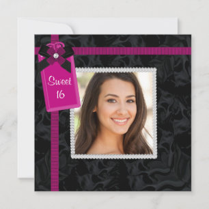 Invitation Fête d'anniversaire des 16 ans Black Hot Pink Phot