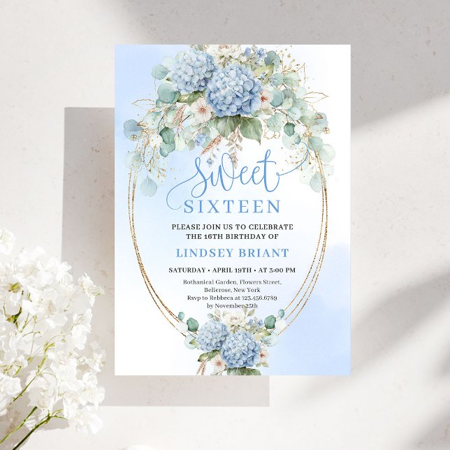 Invitation Fête d'anniversaire des 16 ans chic bleu floral do (Soft Blue Floral Gold Sweet 16 Birthday Party Invite)