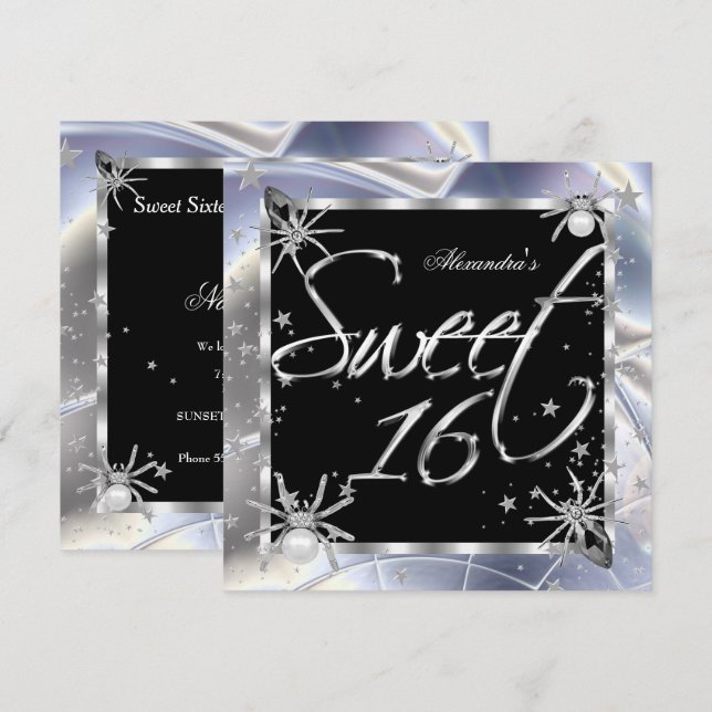 Invitation Fête d'anniversaire des 16 ans de Sweet 16 Silver  (Devant / Derrière)