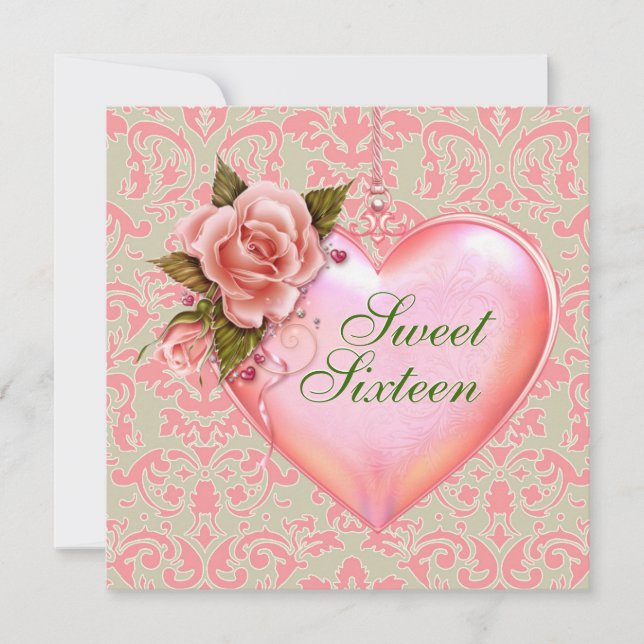 Invitation Fête d'anniversaire des 16 ans douce cœur rose et  (Devant)