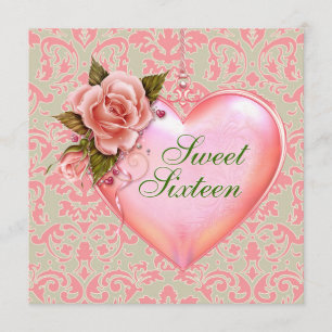 Invitation Fête d'anniversaire des 16 ans douce cœur rose et