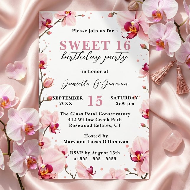 Invitation Fête d'anniversaire des 16 ans douce orchidée rose (Créateur téléchargé)