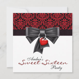 Invitation Fête d'anniversaire des 16 ans en damas noir rouge