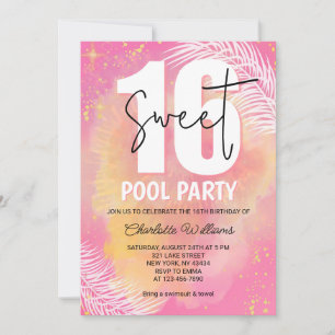 Invitation Fête d'anniversaire des 16 ans piscine thème rose 