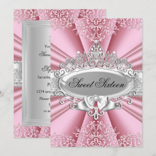 Invitation Fête d'anniversaire des 16 ans Rose Tiara Damassé 