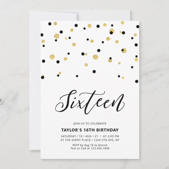 Invitation Fête d'anniversaire des 16 ans simple noir et or (Devant)