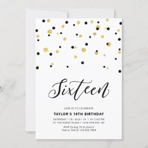 Invitation Fête d'anniversaire des 16 ans simple noir et or
