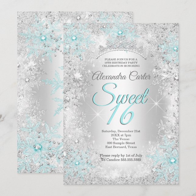 Invitation Fête d'anniversaire des 16 ans Snowflake bleu sarc (Devant / Derrière)