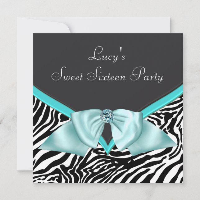 Invitation Fête d'anniversaire des 16 ans Teal Blue Zebra Swe (Devant)