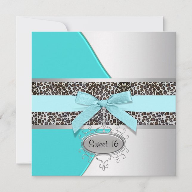 Invitation Fête d'anniversaire des 16 ans Teal Léopard Douce (Devant)