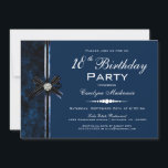 Invitation Fête d'anniversaire des 18 ans en bleu marine<br><div class="desc">Une invitation moderne de fête d'anniversaire 18 ans noire et bleue présentant un nœud noir et bleu avec un embellissement de diamant sur le dessus du nœud. Présenté avec style en texte blanc. Les détails pertinents sont facilement échangés pour vos informations pour votre événement spécial.</div>