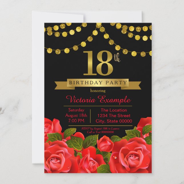 Invitation Fête d'anniversaire des 18 ans Red Black Gold (Devant)