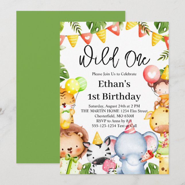 Invitation Fête d'anniversaire des 1 an sur le thème des Anim (Devant / Derrière)