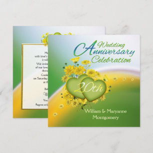 Invitation Fête d'anniversaire des 20 ans Cœurs Fleurs Jaunes