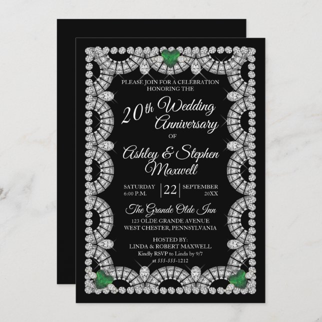 Invitation Fête d'anniversaire des 20 ans de mariage Émeraude (Devant / Derrière)