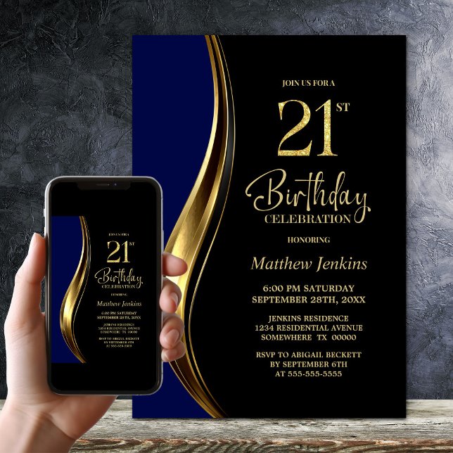 Invitation Fête d'anniversaire des 21 ans Black Gold Blue (Créateur téléchargé)