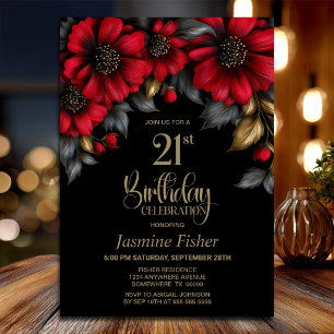 Invitation Fête d'anniversaire des 21 ans Fleur Rouge Élégant