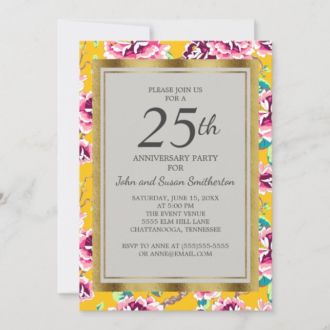 Invitation Fête d'anniversaire des 25 ans jaune moutarde flor (Devant)