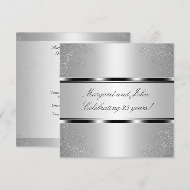 Invitation Fête d'anniversaire des 25 ans Light Silver Floral (Devant / Derrière)