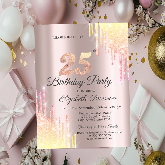 Invitation Fête d'anniversaire des 25 ans Ombre Glitter Drips (Créateur téléchargé)