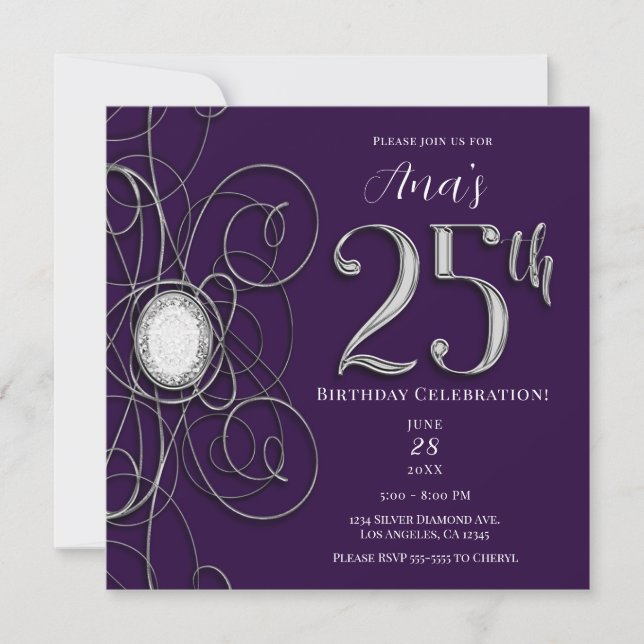 Invitation Fête d'anniversaire des 25 ans Purple & Silver Dia (Devant)