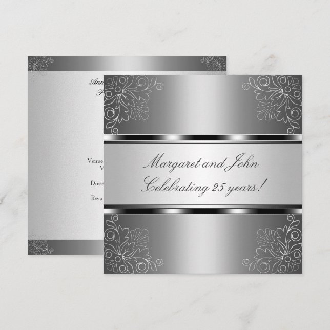 Invitation Fête d'anniversaire des 25 ans Silver Floral (Devant / Derrière)