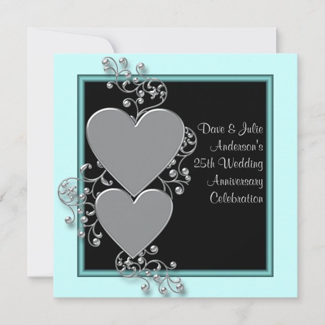 Invitation Fête d'anniversaire des 25 ans Silver Hearts Teal  (Devant)
