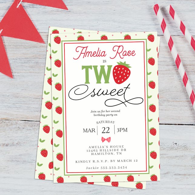 Invitation Fête d'anniversaire des 2 ans de Two Sweet Strawbe (Two Sweet Strawberry 2nd Birthday Party Invitation)