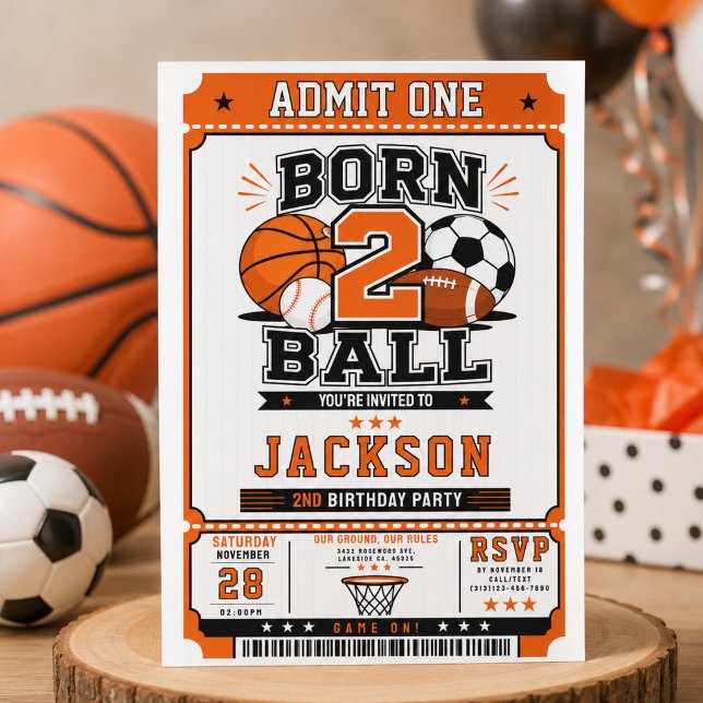 Invitation Fête d'anniversaire des 2 ans du garçon né pour le (Born 2 Ball Sports Boy 2nd Birthday party Invitation
)
