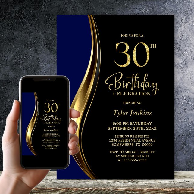Invitation Fête d'anniversaire des 30 ans de Black Gold Blue (Créateur téléchargé)