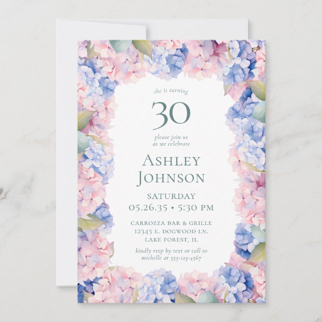 Invitation Fête d'anniversaire des 30 ans d'hortensias (Devant)
