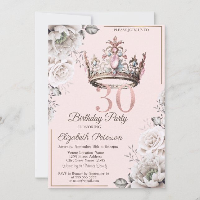 Invitation Fête d'anniversaire des 30 ans Princess Crown Flor (Devant)