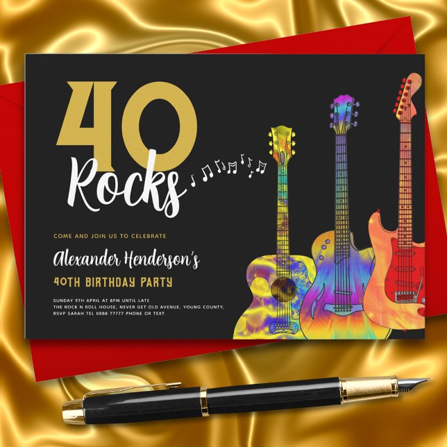 Invitation Fête d'anniversaire des 40 ans 40 Guitare Rocks (Rock and roll guitar black and gold 40th birthday party invitation guitarist musician music lover)