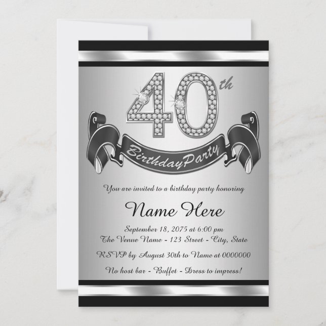 Invitation Fête d'anniversaire des 40 ans argentée (Devant)