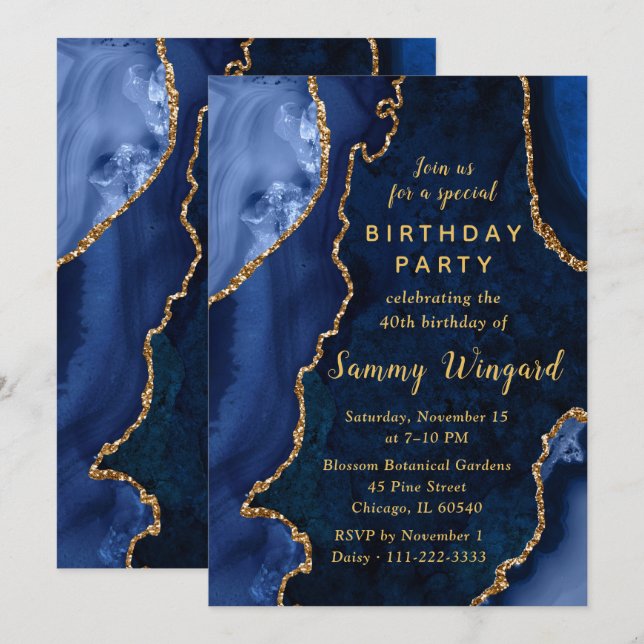 Invitation Fête d'anniversaire des 40 ans avec marbre d'agate (Devant / Derrière)