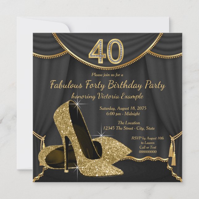 Invitation Fête d'anniversaire des 40 ans chaussure or noir F (Devant)
