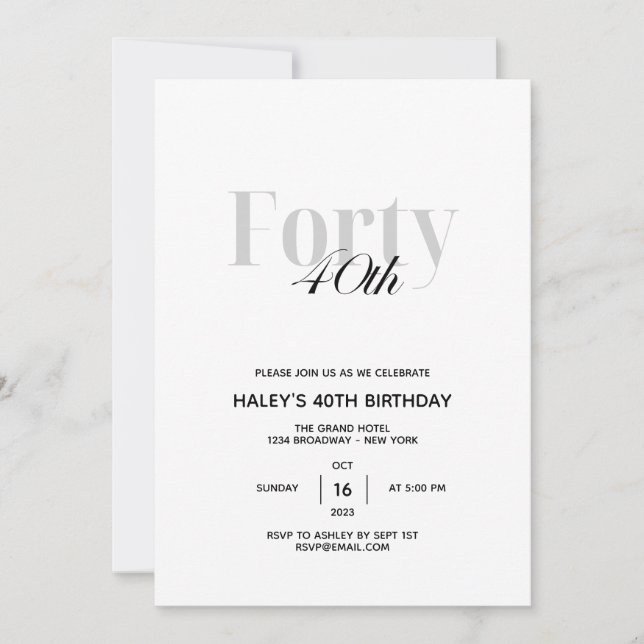 Invitation Fête d'anniversaire des 40 ans Chic Noir & Blanc I (Devant)